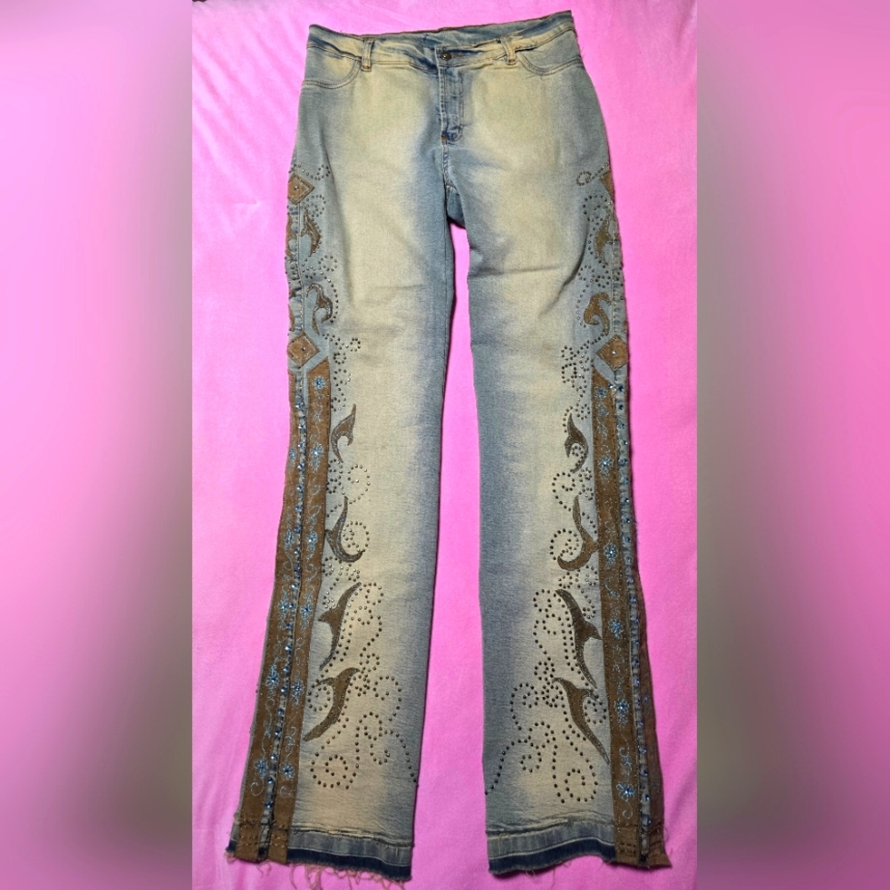 Brazil Roxx Vintage Embroidered Denim and Suede Jeans